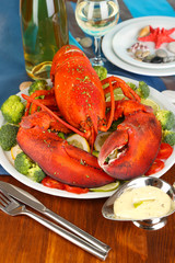 Red lobster on platter on serving table close-up