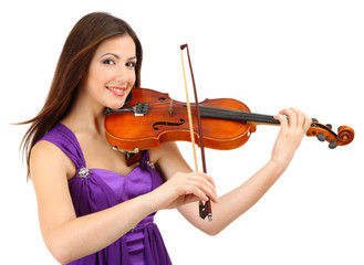 Beautiful young girl with violin, isolated on white