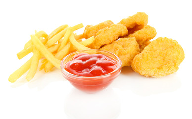 Fried chicken nuggets with french fries and sauce isolated