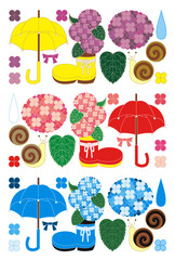 梅雨雨季「紫陽花と傘と蝸牛」イラスト素材集