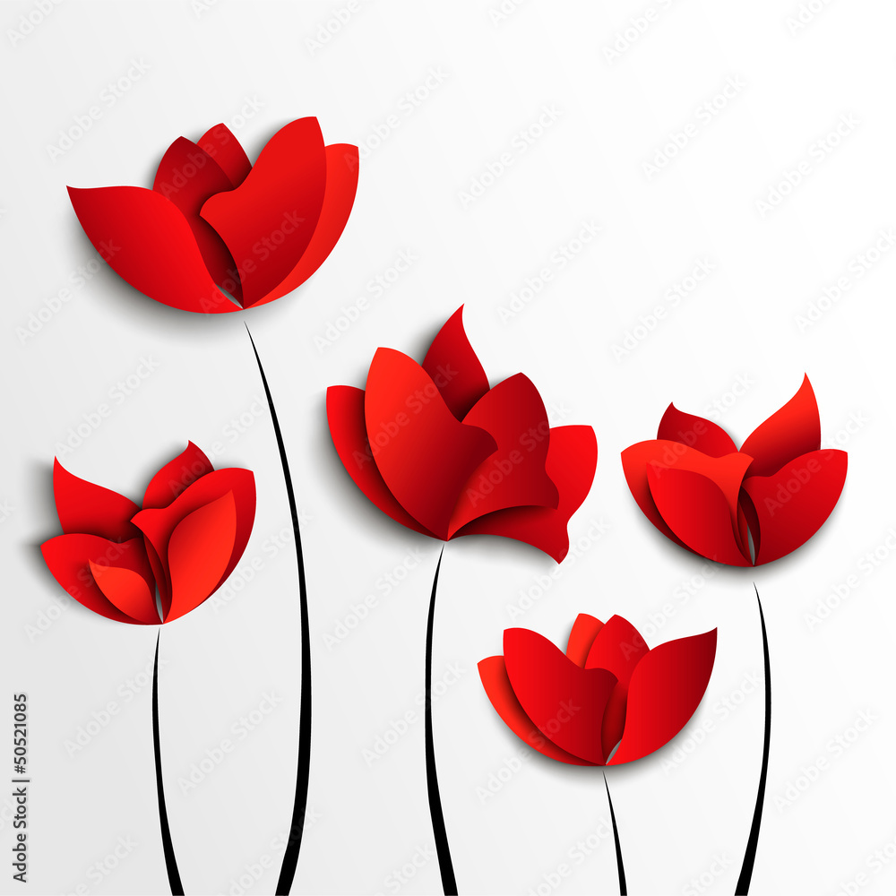Fototapete Five red paper flowers