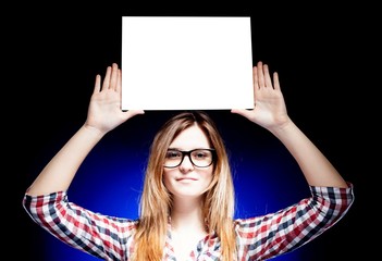 Woman with nerd glasses holding empty frame