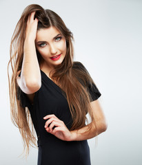 Fototapeta premium Woman fashion beauty portrait. Evening black dress.