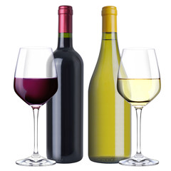 A combination of sets of red and white wine