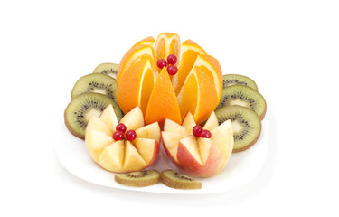 Naklejka na ściany i meble Sliced ​​apples ,orange and kiwi on a white plate.