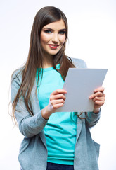 Young smiling woman show blank board.