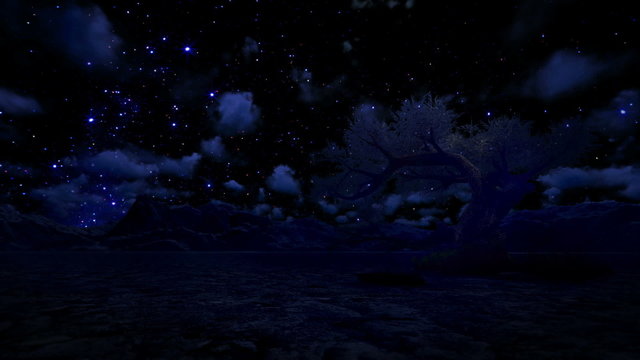 Solitary Tree and Mountain, Starry Sky Time Lapse