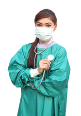 female doctor wearing a green scrubs and stethoscope