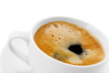 A cup of delicious espresso coffee on a white background
