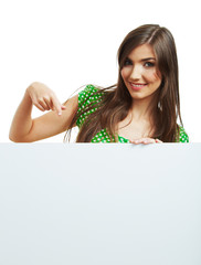 Teenager girl hold white blank paper.