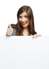 Teenager girl hold white blank paper.