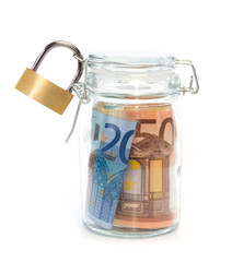 Euro banknotes in sealed jar with padlock