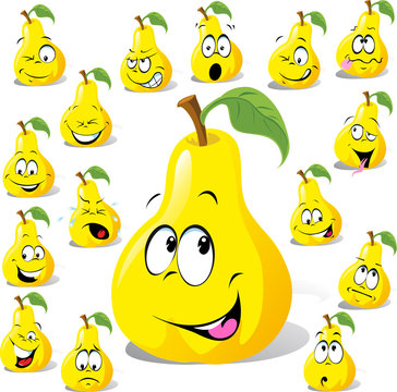 pear cartoon with many expressions