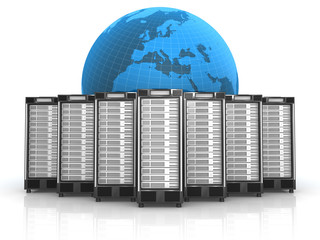 7 Server in Formation mit blauem Globus