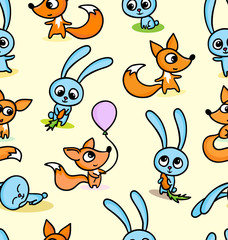 Happy foxes and bunnies on seamless pattern background