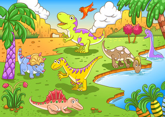 Cute dinosaurs in prehistoric scene