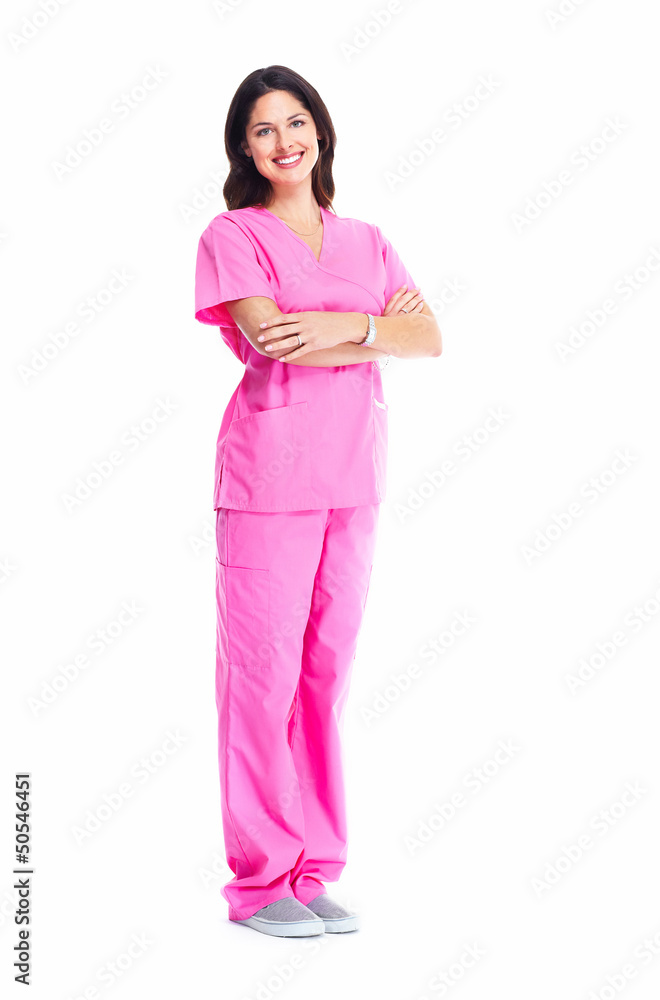 Poster smiling medical doctor woman with stethoscope.