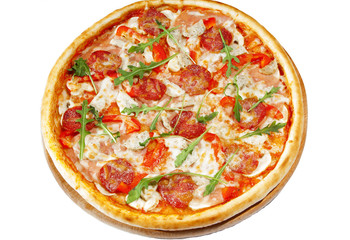 Pizza with pepperoni,ham, bavarian sausages  over white.