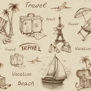 Seamless pattern with travel illustrations