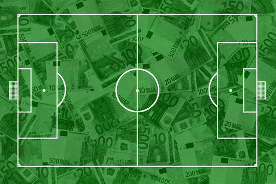 Fu&szlig;ballfeld mit Euro-Geldscheinen