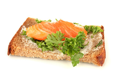 Salmon sandwich on plate, close up