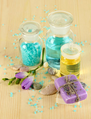 Beautiful spa setting on wooden table close-up