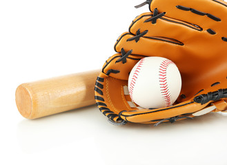 Baseball glove, bat and ball isolated on white