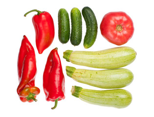 Arranged vegetables. Peppers, zucchini, tomato, cucumbers