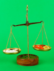 Classic scales with color pills on color background
