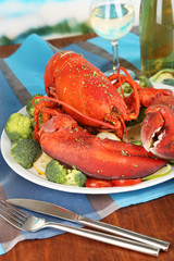 Red lobster on platter on serving table close-up