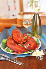 Red lobster on platter on serving table close-up