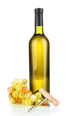 Composition of corkscrew and bottle of wine, grape, isolated