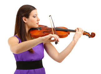 Beautiful young girl with violin, isolated on white