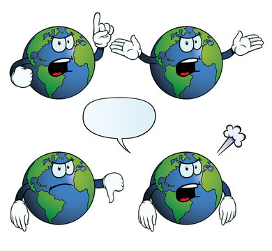 Collection of angry Earth globes with various gestures.
