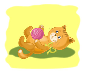 Cartoon cat with a ball of wool yarn