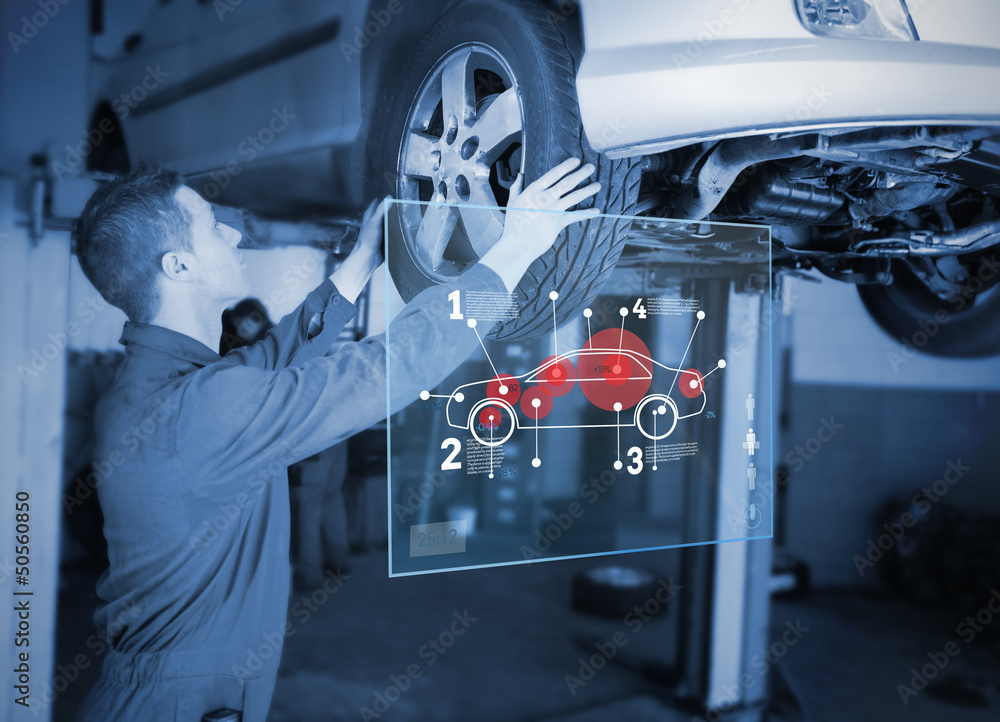 Poster mechanic checking wheel of a car while looking interface