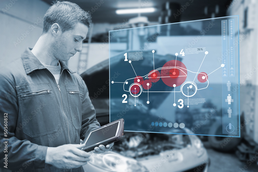 Poster Mechanic using tablet and futuristic interface in black and whit