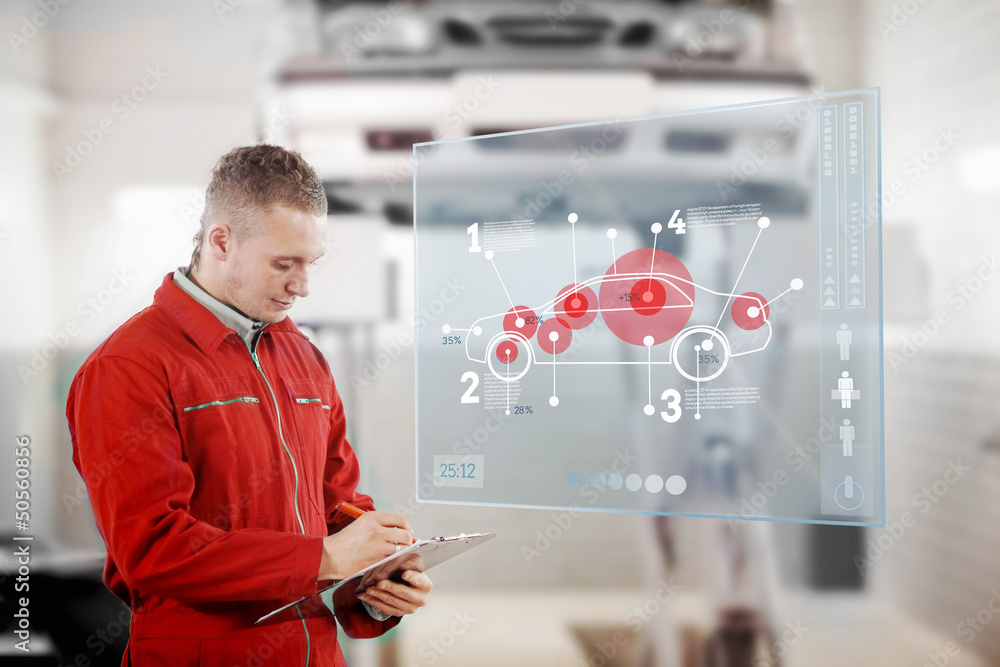 Poster mechanic holding a clipboard with a futuristic interface next to