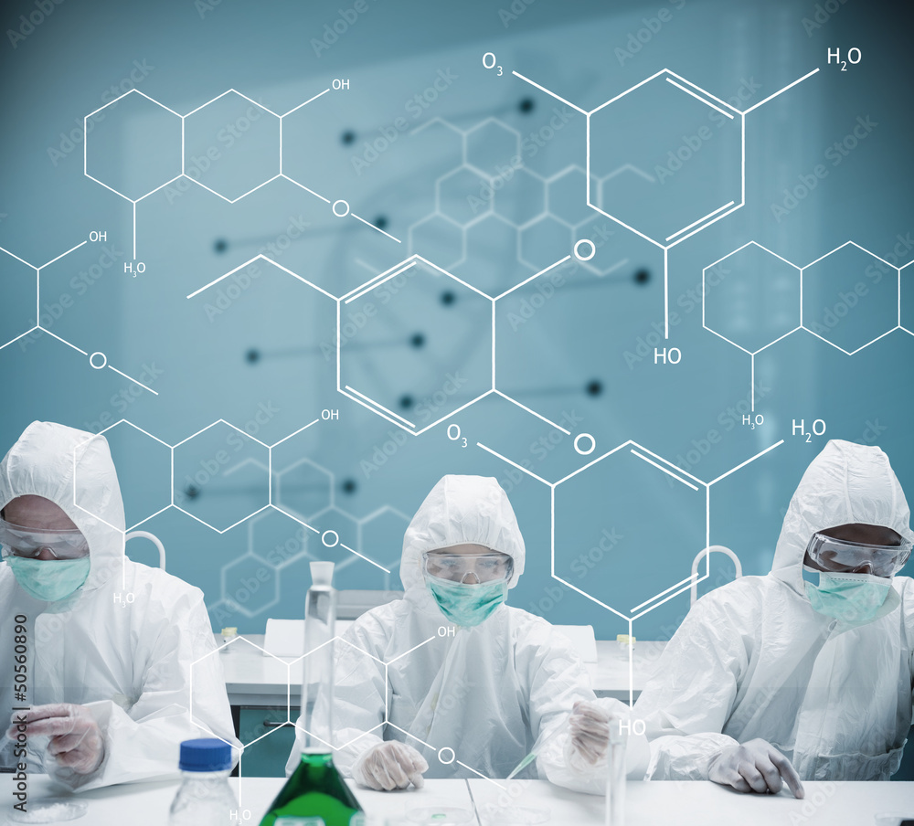 Poster chemists working in protective suit with futuristic interface sh