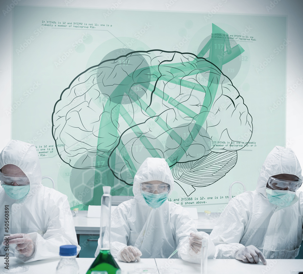 Poster chemists working with futuristic interface showing scientific di