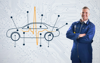 Mechanic standing proudly in front of a diagram car on backgroun