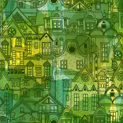Spring abstract background with old town