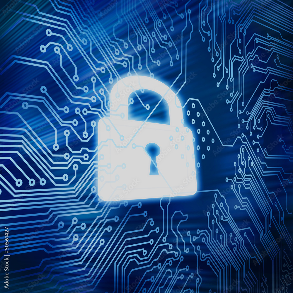 Poster digital circuit board with white padlock in the middle