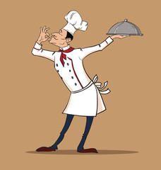 Chef cook is serving his exquisite dish