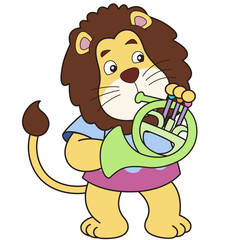 Cartoon Lion Playing a French Horn