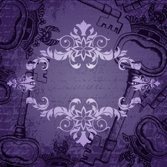 Dark violet vintage background with antique keys and frame