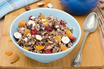 Chocolate granola with nuts and dried fruit horizontal top view