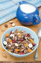 Chocolate granola with nuts and dried fruit, top view