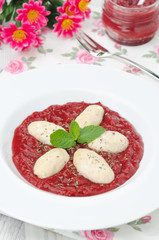 cottage cheese gnocchi with strawberry sauce vertical