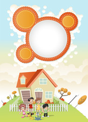 happy cartoon family in front of a house in green park.